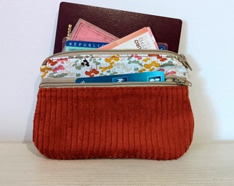 Porte monnaie /  porte cartes femme, tissu coton et velours rouille terracotta