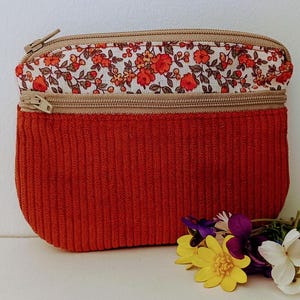 Porte monnaie /  porte cartes femme, tissu fleurettes et velours côtelé terracotta, cadeau pour elle