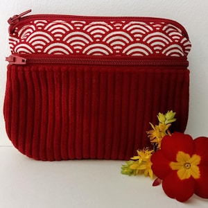 Porte monnaie /  porte cartes femme, tissu coton vague rouge et velours côtelé rouge, cadeau pour elle