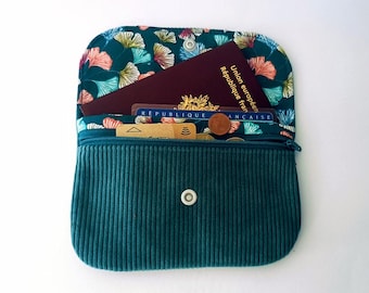 Porte monnaie à rabat, portefeuille, tissu coton feuille gingko biloba  , velours côtelé vert canard , cadeau pour elle, cadeau mères.