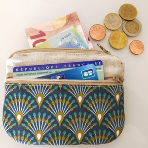 porte monnaie / porte cartes, cadeau pour elle, tissu coton vert et doré