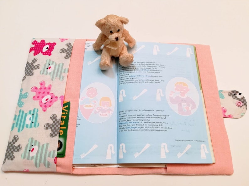 Protège carnet de santé bébé / enfant rose tissu ourson image 5