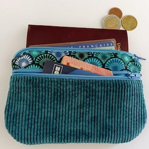 Porte monnaie /  porte cartes, tissu coton et velours côtelé bleu pétrole, cadeau pour femme