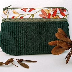 Porte monnaie /  porte cartes, tissu, graines d'érable et velours côtelé vert sapin, cadeau pour femme