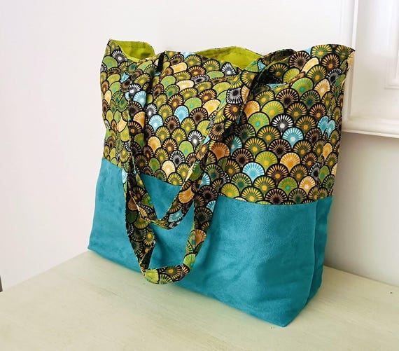Fabric bag, Tote bag, beach bag, holdall, shopping bag, green fan cotton  fabric and duck green suede