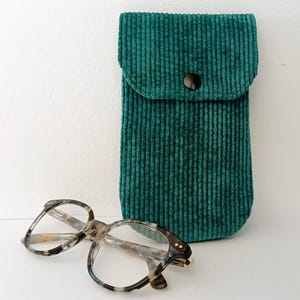 Etui à lunettes, velours côtelé vert émeraude et tissu coton, cadeau pour elle comme pour lui.