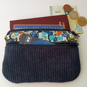 Geldbörse / Kartenetui, Stoff und blauer Cord, Geschenk für Frau