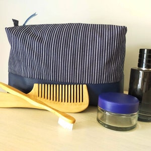 Very large toiletry bag for men or women, navy striped fabric and imitation leather