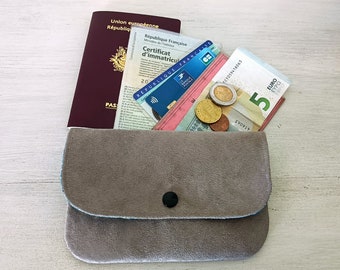 Flap coin purse, taupe suede wallet and blue graphic fabric