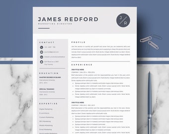 May include: A resume template with a white background and black text. The resume is for James Redford, Marketing Director. The resume includes contact information, education, experience, and expertise. The resume is designed with a modern and clean look.