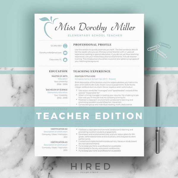 Teacher Resume Template for Word & Pages; Education Resume format + Teacher Cover Letter format + References template + Resume writing tips