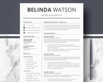Puede incluir: Una plantilla de currículum vitae en blanco y negro con el nombre Belinda Watson, editora y periodista, en la parte superior. El currículum incluye información de contacto, educación, habilidades y experiencia. El texto "HIRED" está en la parte inferior de la página.