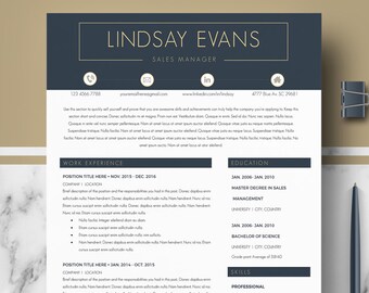 Sales Manager Resume Template design for Word and Pages; Resume format + Cover Letter template + References template. Instant Download CV