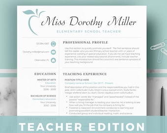 Teacher Resume Template for Word & Pages; Education Resume format + Teacher Cover Letter format + References template + Resume writing tips