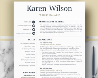 Project Manager Resume and Cover Letter format + References resume page + icons + Free Tips; Professional Resume Templates for Word & Pages