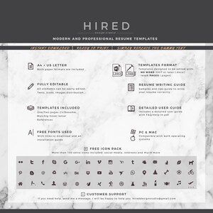 Puede incluir: Un dise&ntilde;o gr&aacute;fico en blanco y negro con la palabra "HIRED" en negrita. El texto "MODERN AND PROFESSIONAL RESUME TEMPLATES" est&aacute; debajo de la palabra "HIRED". El texto "INSTANT DOWNLOAD, READY TO PRINT, SIMPLY REPLACE THE DUMMY TEXT" est&aacute; debajo del texto "MODERN AND PROFESSIONAL RESUME TEMPLATES". El dise&ntilde;o gr&aacute;fico incluye iconos para Word, Pages, un l&aacute;piz, un libro, una carpeta y una manzana. El texto "A4 + US LETTER, FULLY EDITABLE, TEMPLATES INCLUDED, FREE FONTS USED, FREE ICON PACK, CUSTOMER SUPPORT" est&aacute; listado en el lado izquierdo del dise&ntilde;o gr&aacute;fico. El texto "TEMPLATES FORMAT, RESUME WRITING GUIDE, DETAILED USER GUIDE, PC & MAC" est&aacute; listado en el lado derecho del dise&ntilde;o gr&aacute;fico. El dise&ntilde;o gr&aacute;fico tambi&eacute;n incluye una colecci&oacute;n de iconos para redes sociales, intereses y m&aacute;s.