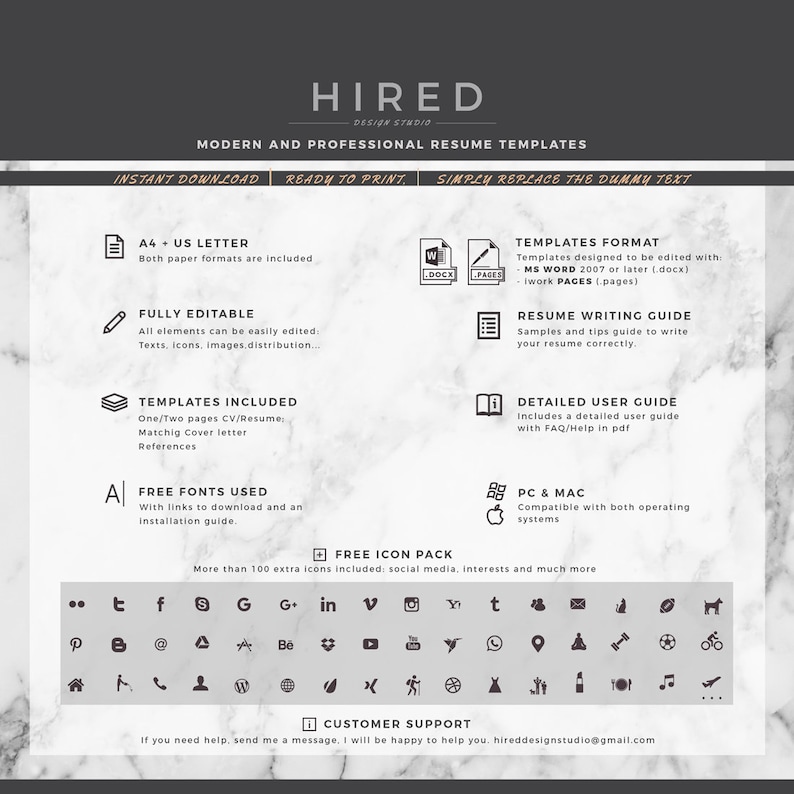 Puede incluir: Un dise&ntilde;o gr&aacute;fico en blanco y negro con la palabra "HIRED" en negrita. El texto "MODERN AND PROFESSIONAL RESUME TEMPLATES" est&aacute; debajo de la palabra "HIRED". El texto "INSTANT DOWNLOAD, READY TO PRINT, SIMPLY REPLACE THE DUMMY TEXT" est&aacute; debajo del texto "MODERN AND PROFESSIONAL RESUME TEMPLATES". El dise&ntilde;o gr&aacute;fico incluye iconos para Word, Pages, un l&aacute;piz, un libro, una carpeta y una manzana. El texto "A4 + US LETTER, FULLY EDITABLE, TEMPLATES INCLUDED, FREE FONTS USED, FREE ICON PACK, CUSTOMER SUPPORT" est&aacute; listado en el lado izquierdo del dise&ntilde;o gr&aacute;fico. El texto "TEMPLATES FORMAT, RESUME WRITING GUIDE, DETAILED USER GUIDE, PC & MAC" est&aacute; listado en el lado derecho del dise&ntilde;o gr&aacute;fico. El dise&ntilde;o gr&aacute;fico tambi&eacute;n incluye una colecci&oacute;n de iconos para redes sociales, intereses y m&aacute;s.