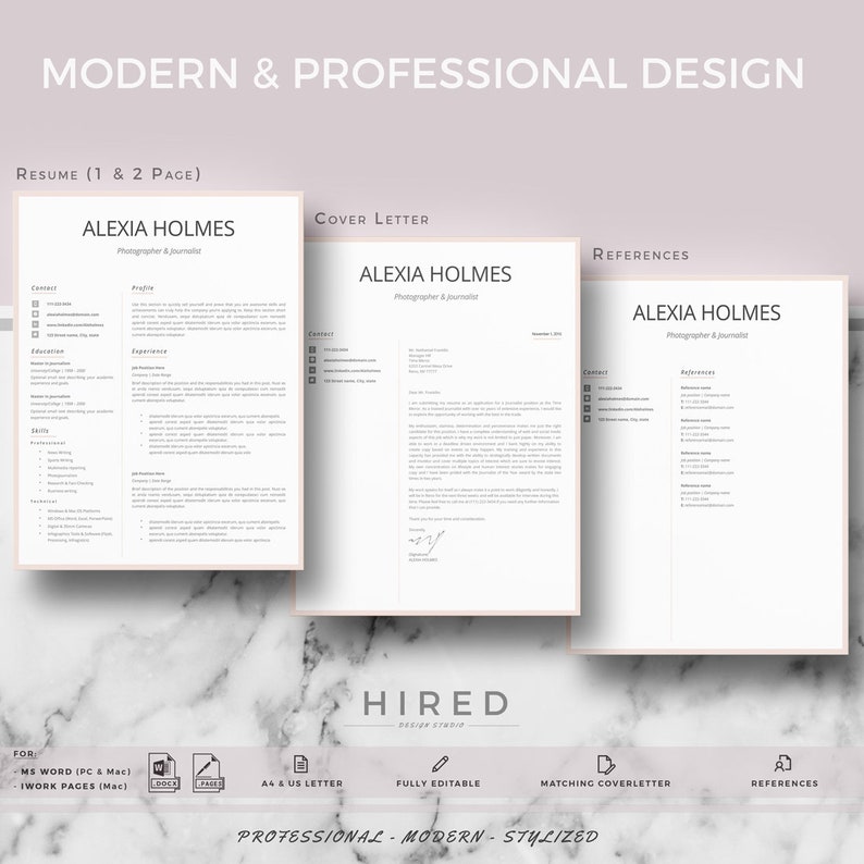 May include: A modern resume template with a professional design. The template includes a resume, cover letter, and references page. The template is fully editable and includes matching cover letter and references pages.