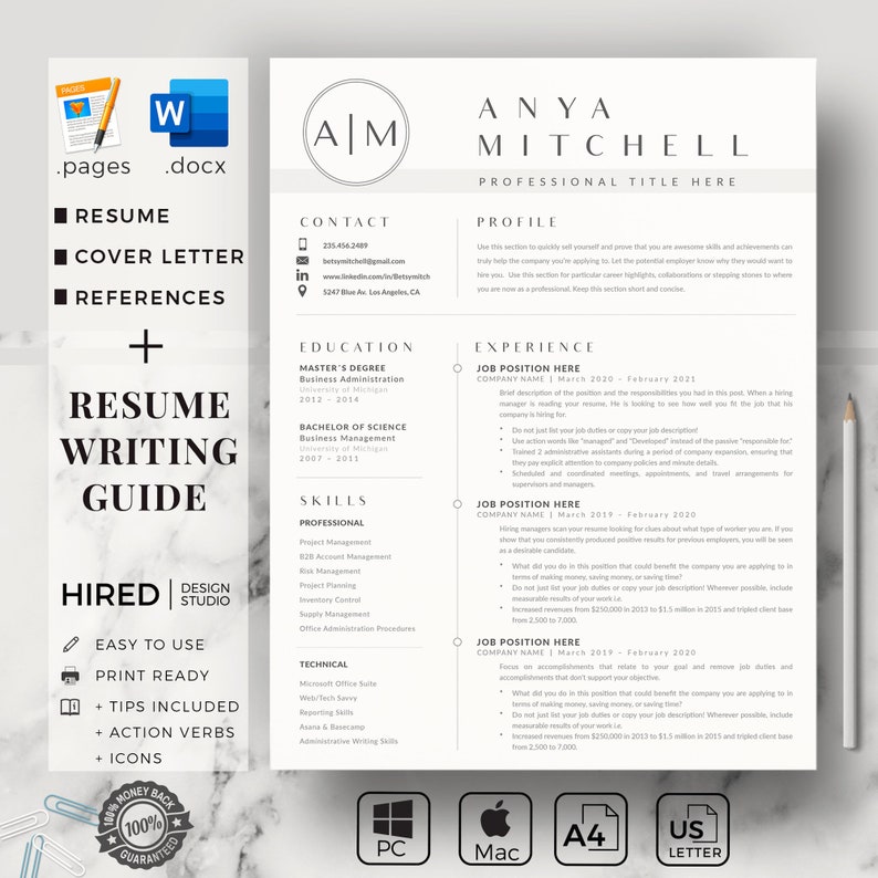 May include: A resume template with a modern design. The template includes sections for contact information, education, experience, skills, and a profile. The template is available in multiple formats, including PC, Mac, A4, and US Letter.
