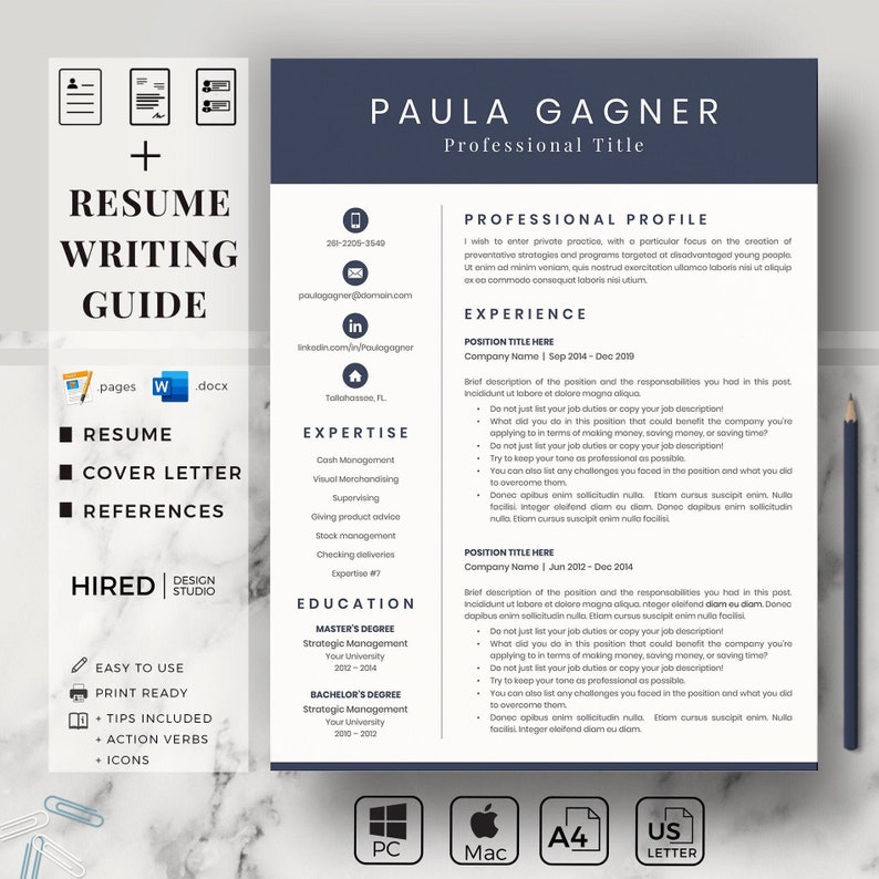 Professional Executive Resume Template for MAC and PC. Fully compatible with Mac Pages and MS Word. Instant Digital Download -  Resume A4 + US Letter Paper Format + Cover Letter + References + Free Resume Writing guide + Action Verbs List + icons set