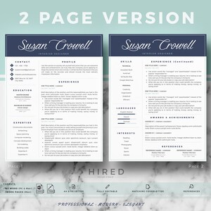 May include: A two-page resume template in a modern, professional style. The resume is for an interior designer named Susan Crowell. The resume includes contact information, education, experience, skills, awards, and references.