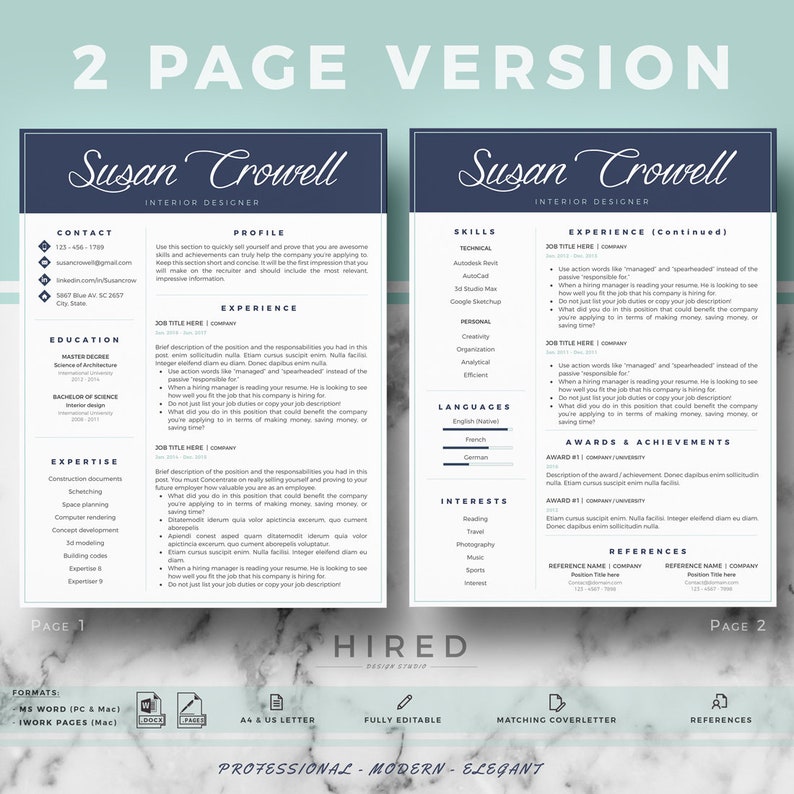 May include: A two-page resume template in a modern, professional style. The resume is for an interior designer named Susan Crowell. The resume includes contact information, education, experience, skills, awards, and references.