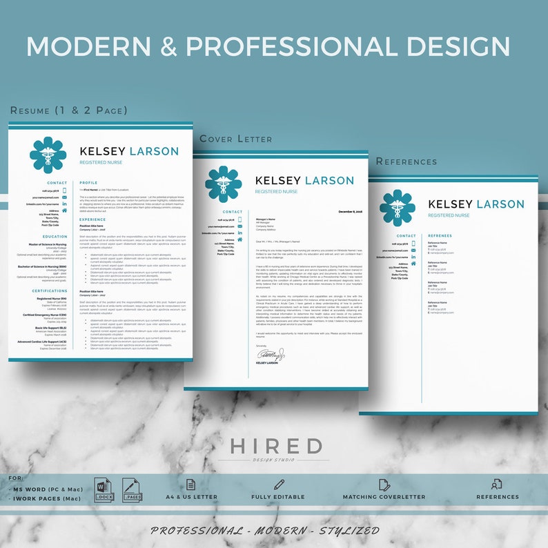 Puede incluir: Una plantilla de curr&iacute;culum moderna y profesional dise&ntilde;ada para enfermeras registradas. La plantilla presenta un esquema de color azul verdoso y blanco con un s&iacute;mbolo m&eacute;dico. El texto "RESUME (1 & 2 PAGE)" est&aacute; en la parte superior de la p&aacute;gina. La plantilla incluye secciones para informaci&oacute;n de contacto, educaci&oacute;n, experiencia, certificaciones y referencias. La plantilla es totalmente editable e incluye una carta de presentaci&oacute;n y una p&aacute;gina de referencias coincidentes.