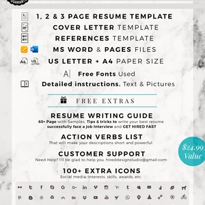 May include: A white and gray graphic with the text "HIRED" in black. The graphic lists the items included in a resume template package, including a resume, cover letter, references template, and action verbs list. The graphic also includes a list of free extras, such as a resume writing guide, customer support, and 100+ extra icons. The graphic is set against a marble background.