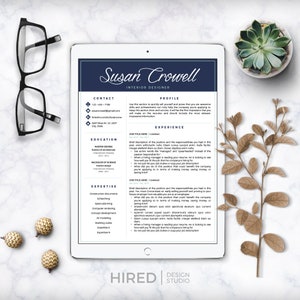 May include: A blue and white resume template with the name Susan Crowell and the title Interior Designer. The resume includes contact information, education, experience, and expertise.
