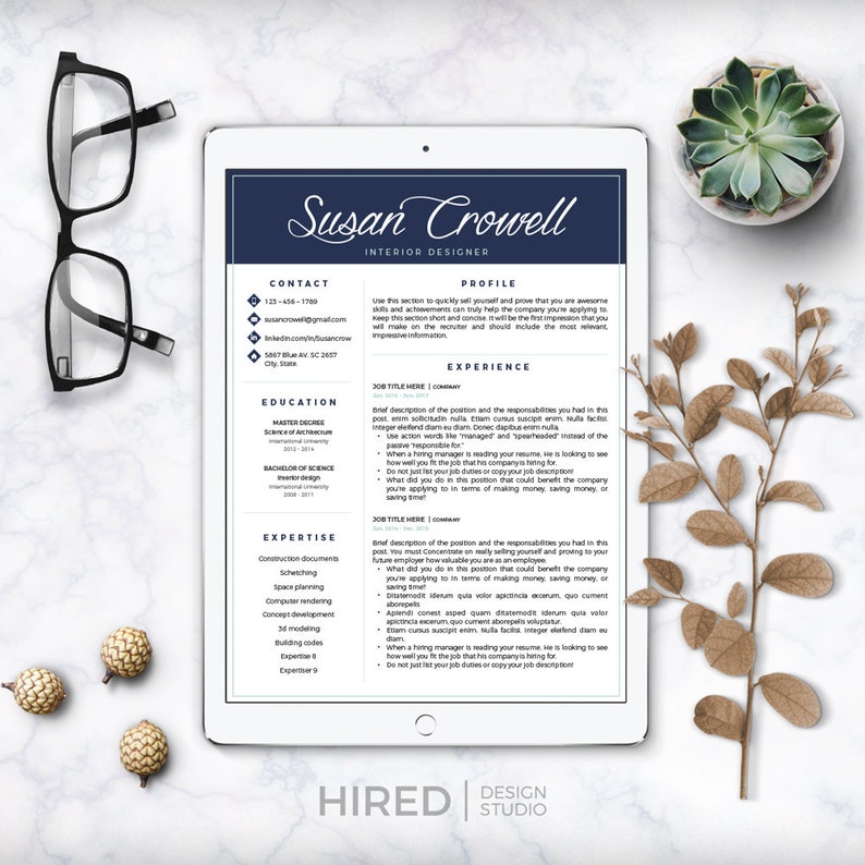 May include: A blue and white resume template with the name Susan Crowell and the title Interior Designer. The resume includes contact information, education, experience, and expertise.