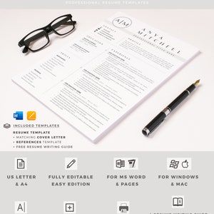 May include: A black and white resume template with the text "HIRED DESIGN STUDIO PROFESSIONAL RESUME TEMPLATES" at the top. The template includes sections for contact information, education, skills, experience, and a profile. The template is fully editable and includes free fonts, resume icons, and a print-ready option. It also includes a resume writing guide, action verbs list, detailed user guide, and customer support.