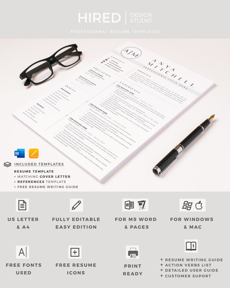May include: A black and white resume template with the text "HIRED DESIGN STUDIO PROFESSIONAL RESUME TEMPLATES" at the top. The template includes sections for contact information, education, skills, experience, and a profile. The template is fully editable and includes free fonts, resume icons, and a print-ready option. It also includes a resume writing guide, action verbs list, detailed user guide, and customer support.