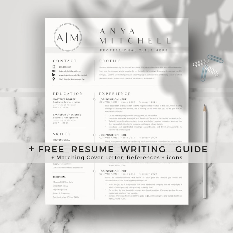 Instant Download Professional Resume Template + Matching Cover Letter + References Template for Microsoft Word & Mac Pages
It also includes a writing guide with tips and tricks to successfully face your job interview.