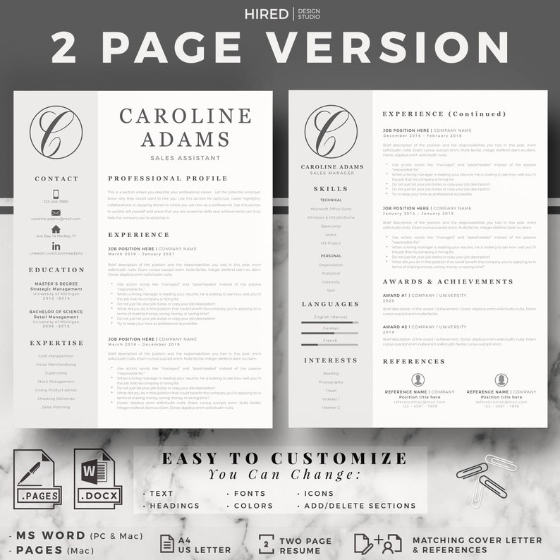 Sales Manager Resume. Professional Resume CV Cover Letter format References for Word & Mac Pages. Instant Download Creative CV Template image 3