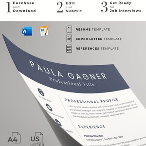 Peut inclure: Un mod&egrave;le de CV bleu et blanc avec le texte "PAULA GAGNER" et "Titre professionnel" en blanc. Le mod&egrave;le comprend des sections pour un profil professionnel, de l'exp&eacute;rience et des r&eacute;f&eacute;rences. Le mod&egrave;le est disponible en format A4 et US Letter.