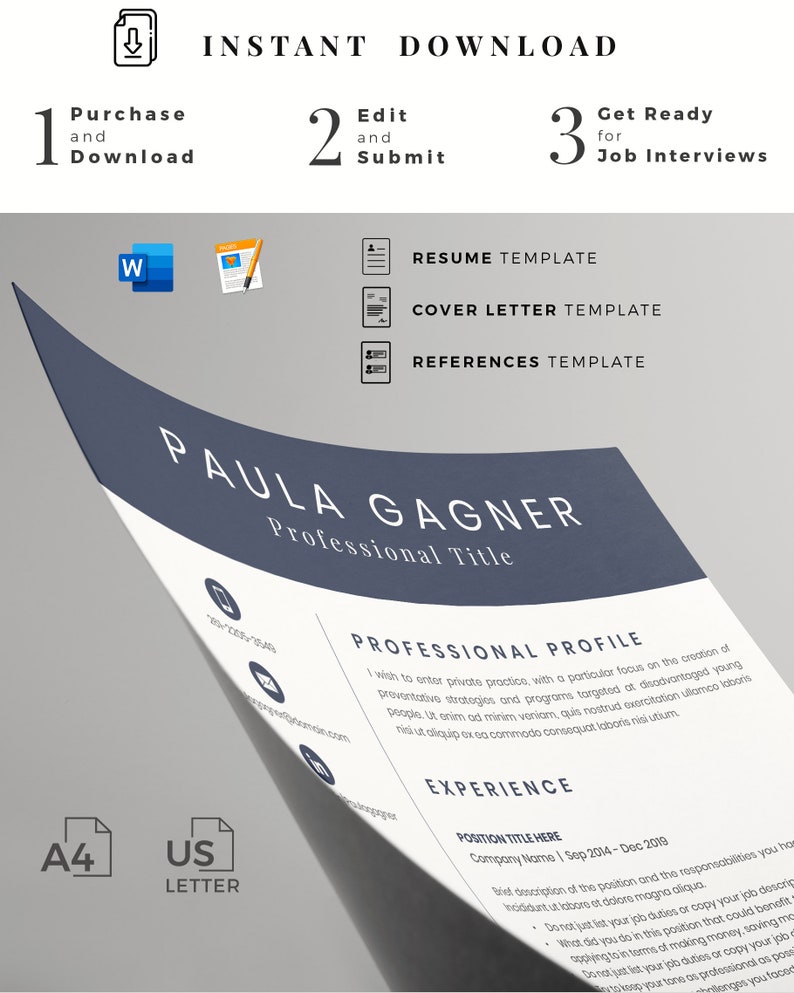 Peut inclure: Un mod&egrave;le de CV bleu et blanc avec le texte "PAULA GAGNER" et "Titre professionnel" en blanc. Le mod&egrave;le comprend des sections pour un profil professionnel, de l'exp&eacute;rience et des r&eacute;f&eacute;rences. Le mod&egrave;le est disponible en format A4 et US Letter.