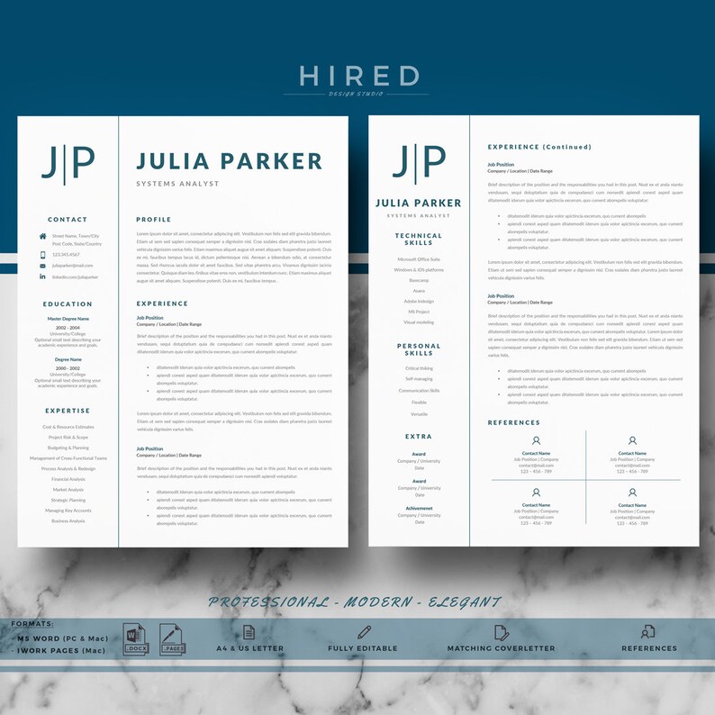 Może przedstawiać: Nowoczesny szablon CV w niebiesko-białej kolorystyce. Szablon charakteryzuje się profesjonalnym designem, czystym układem i łatwymi do odczytania czcionkami. CV zawiera sekcje z danymi kontaktowymi, profilem, wykształceniem, doświadczeniem zawodowym, wiedzą specjalistyczną, umiejętnościami technicznymi, umiejętnościami osobistymi, dodatkowymi informacjami i referencjami. Szablon jest w pełni edytowalny i zawiera pasujące pismo motywacyjne.
