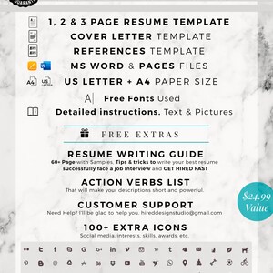 Peut inclure: Un fond en marbre blanc et gris avec une bo&icirc;te de texte bleue et blanche qui dit "HIRED Design Studio". La bo&icirc;te de texte est au-dessus d'une bo&icirc;te de texte blanche qui dit "Mod&egrave;les de CV modernes et professionnels". En dessous des bo&icirc;tes de texte, il y a une bo&icirc;te de texte blanche qui dit "Vous obtenez avec votre achat". En dessous de la bo&icirc;te de texte, il y a une liste d'&eacute;l&eacute;ments inclus dans l'achat&nbsp;: mod&egrave;le de CV de 1, 2 et 3 pages, mod&egrave;le de lettre de motivation, mod&egrave;le de r&eacute;f&eacute;rences, fichiers MS Word et Pages, format lettre US + A4, A&nbsp;| Polices gratuites utilis&eacute;es, instructions d&eacute;taill&eacute;es. Texte et images. En dessous de la liste, il y a une bo&icirc;te de texte blanche qui dit "Extras gratuits". En dessous de la bo&icirc;te de texte, il y a une liste d'extras gratuits&nbsp;: guide de r&eacute;daction de CV, liste de verbes d'action, assistance client&egrave;le, plus de 100&nbsp;ic&ocirc;nes suppl&eacute;mentaires. En dessous de la liste, il y a une grille de plus de 100&nbsp;ic&ocirc;nes. Les ic&ocirc;nes sont en noir et blanc et comprennent des ic&ocirc;nes de m&eacute;dias sociaux, des int&eacute;r&ecirc;ts, des comp&eacute;tences, des r&eacute;compenses, etc. La bo&icirc;te de texte en dessous de la grille dit "...et bien plus encore, mais si vous avez besoin d'une ic&ocirc;ne sp&eacute;cifique, vous pouvez la demander et nous la cr&eacute;erons."