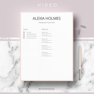 May include: A resume template with the name Alexia Holmes and the title Photographer & Journalist. The resume includes contact information and a references section.