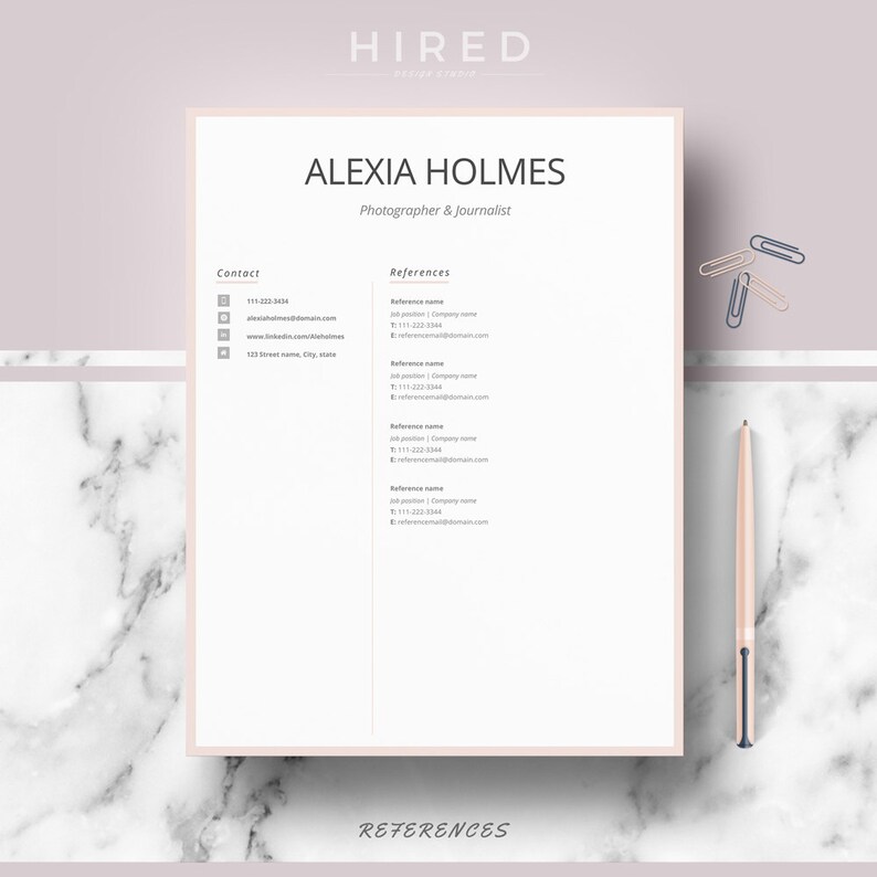 May include: A resume template with the name Alexia Holmes and the title Photographer & Journalist. The resume includes contact information and a references section.