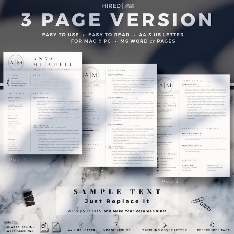 May include: A three-page resume template with a black and white color scheme. The template includes sections for contact information, profile, experience, education, skills, languages, interests, awards and achievements, social media, and references. The template is designed for use with Microsoft Word or Pages.