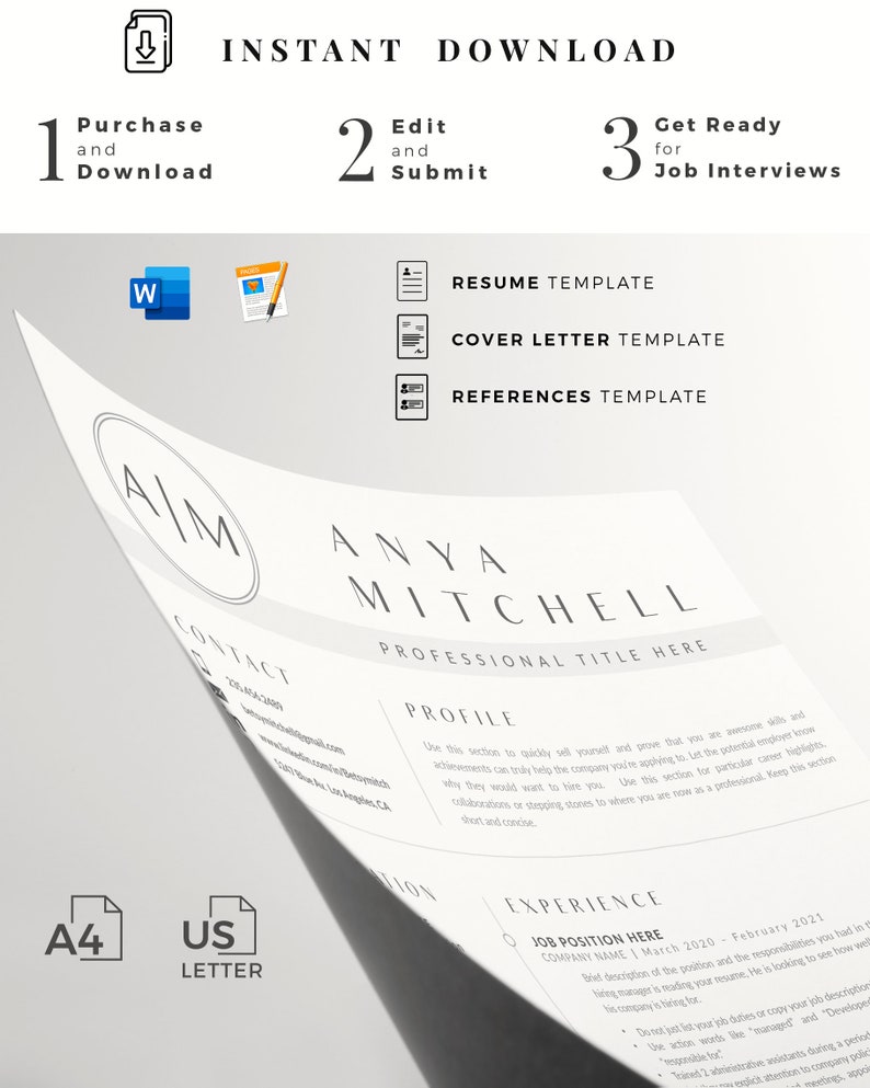 May include: A resume template with a minimalist design. The template includes sections for contact information, profile, experience, and education. The template is available in Word format and is designed to be easily edited.