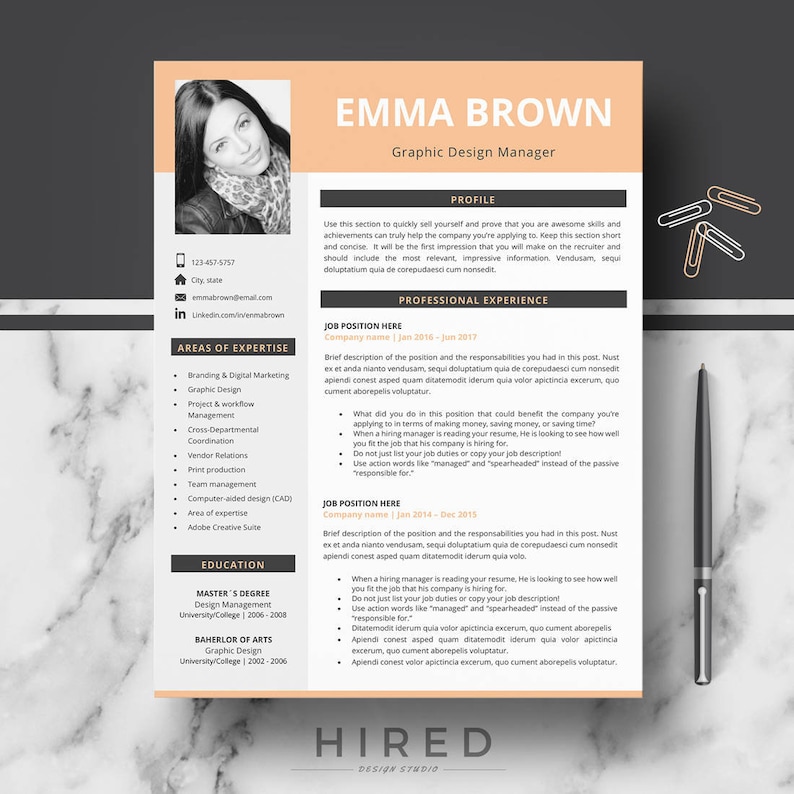 CV, resume, curriculum vitae template; Professional & Modern CV / Résumé Templates for Ms Word and Pages. Design: "Emma"
Instant download CV + cover Letter + References + icons + Free cv writing guide.