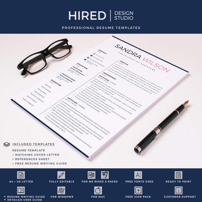 Puede incluir: Una plantilla de curr&iacute;culum vitae rosa y blanca con el t&iacute;tulo "Sandra Wilson, Asistente Administrativa". La plantilla incluye secciones para informaci&oacute;n de contacto, perfil, experiencia, educaci&oacute;n y experiencia. La plantilla est&aacute; dise&ntilde;ada para ser utilizada con Microsoft Word y Pages.