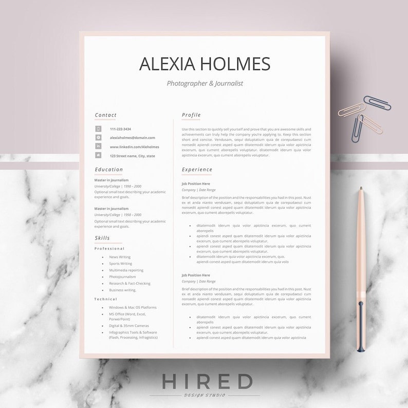 Resume templates. Modern & Professional Resume design / CV Template for Word and Pages: "Alexia"
Instant download modern curriculum vitae | resume format + Cover letter + References sheet + Resume writing guide