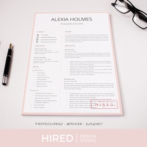 May include: A pink and white resume template with the name Alexia Holmes, Photographer & Journalist at the top. The resume includes sections for contact information, education, experience, skills, and technical skills. The resume also includes a profile section and a "HIRED" stamp.