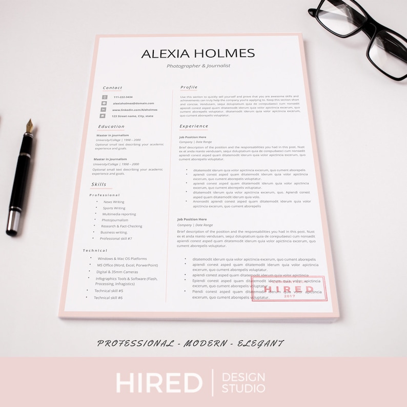 May include: A pink and white resume template with the name Alexia Holmes, Photographer & Journalist at the top. The resume includes sections for contact information, education, experience, skills, and technical skills. The resume also includes a profile section and a "HIRED" stamp.