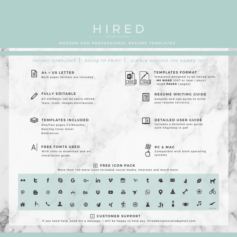 May include: A graphic design template for a resume. The template is modern and professional, with a marble background and a green accent color. The text "HIRED" is at the top of the image, and the text "MODERN AND PROFESSIONAL RESUME TEMPLATES" is below it. The template includes a variety of features, such as a US Letter size, fully editable elements, templates included, free fonts, a free icon pack, and customer support.