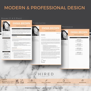 Puede incluir: Una plantilla de curr&iacute;culum moderna con fondo melocot&oacute;n y texto negro. La plantilla incluye una carta de presentaci&oacute;n, referencias y un curr&iacute;culum. El curr&iacute;culum es para un gerente de dise&ntilde;o gr&aacute;fico llamado Emma Brown.