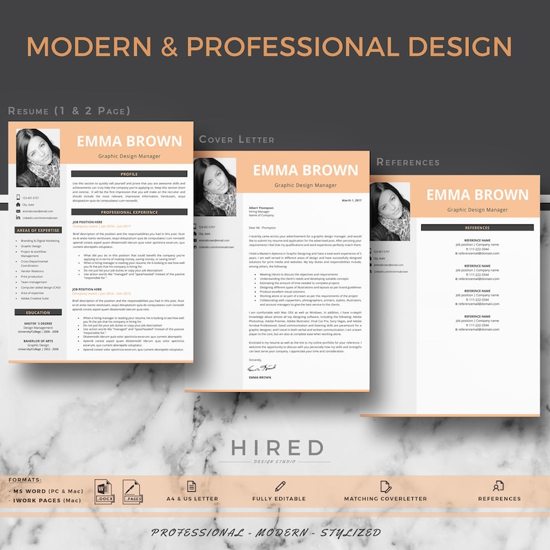 Puede incluir: Una plantilla de curr&iacute;culum moderna con fondo melocot&oacute;n y texto negro. La plantilla incluye una carta de presentaci&oacute;n, referencias y un curr&iacute;culum. El curr&iacute;culum es para un gerente de dise&ntilde;o gr&aacute;fico llamado Emma Brown.